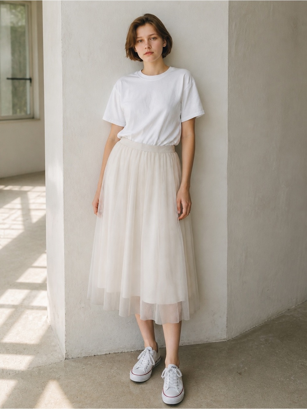 eesome Cream Tulle Midi Skirt - Layered A-Line Design